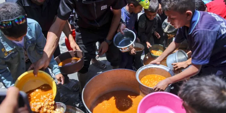 Disregard For Dignity Of A Beleaguered Population 1 Children line up to receive food in Jabalia camp, June 17, 2024.