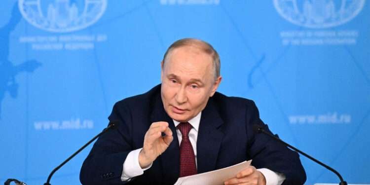 Russia's President Vladimir Putin meets with the Russian Foreign Ministry leadership in Moscow on June 14, 2024.