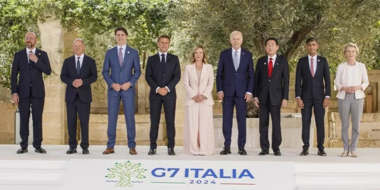 (From left-right) Charles Michel, Olaf Scholz, Justin Trudeau, Emmanuel Macron, Giorgia Meloni, Joe Biden, Fumio Kishida, Rishi Sunak and Ursula von der Leyen.