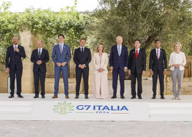 (From left-right) Charles Michel, Olaf Scholz, Justin Trudeau, Emmanuel Macron, Giorgia Meloni, Joe Biden, Fumio Kishida, Rishi Sunak and Ursula von der Leyen.