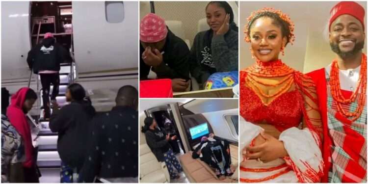 Davido, Chioma Jet for Honeymoon After Wedding 1 Davido and his wife, Chioma Adeleke with his entourage, and Chioma’s manager Ubi Franklin.