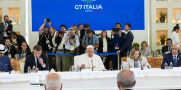 Pope Francis attends a session on Artificial Intelligence (AI), Energy, Africa and Mediterranean on the second day of the G7 summit in Borgo Egnazia, Italy, June 14, 2024.