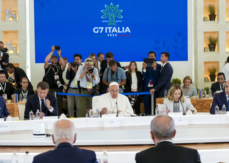 Pope Francis attends a session on Artificial Intelligence (AI), Energy, Africa and Mediterranean on the second day of the G7 summit in Borgo Egnazia, Italy, June 14, 2024.