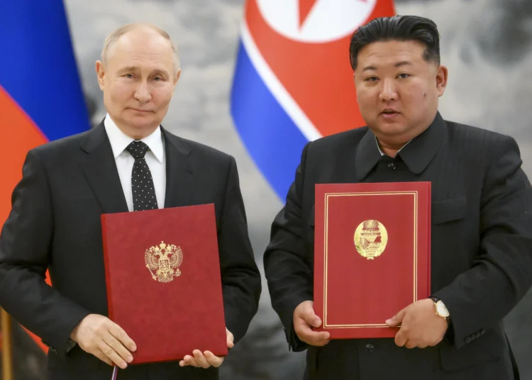 Putin Sparks Fire In Seeming North Korean Emboldenment 1 Russian President, Vladimir Putin and North Korean leader, Kim Jong-un pose for the cameras in Pyongyang after signing the deal.
