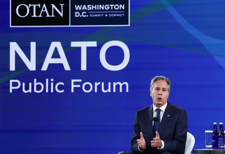 Transfer Of F-16 Jets From NATO Allies To Ukraine Underway 1 US Secretary of State, Antony Blinken speaks at NATO Public Forum in Washington, DC.