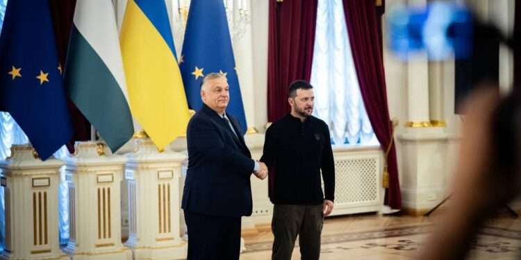 Hungarian Prime Minister Makes Visit To Kyiv 1 In this picture issued by the Hungarian PM's Press Office Ukrainian President Volodymyr Zelenskyy, right, welcomes Hungarian Prime Minister Viktor Orban in Kyiv, Ukraine, on Jul 2, 2024.