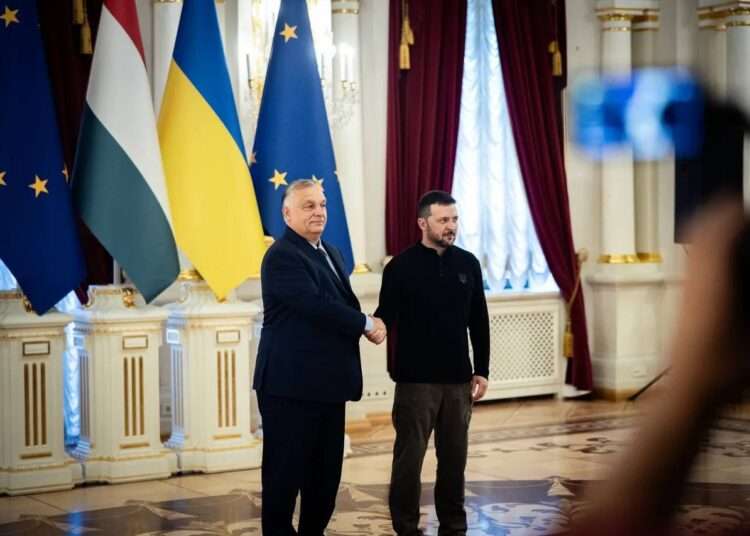 Hungarian Prime Minister Makes Visit To Kyiv 1 In this picture issued by the Hungarian PM's Press Office Ukrainian President Volodymyr Zelenskyy, right, welcomes Hungarian Prime Minister Viktor Orban in Kyiv, Ukraine, on Jul 2, 2024.