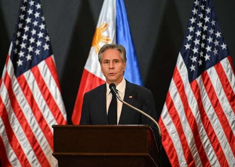 US Secretary of State, Anthony Blinken speaks during a joint press conference at the conclusion of their 2+2 meeting at Camp Aguinaldo in Manila on July 30, 2024.