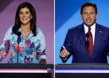Former UN Ambassador Nikki Haley, left, and Florida Gov. Ron DeSantis on the second day of the Republican National Convention on July 16, 2024.