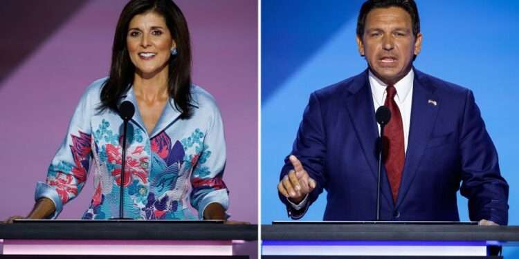 Former UN Ambassador Nikki Haley, left, and Florida Gov. Ron DeSantis on the second day of the Republican National Convention on July 16, 2024.