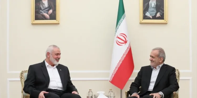 Ismail Haniyeh, left, met with Iranian newly-elected President Masoud Pezeshkian in Tehran, Iran on Tuesday.
