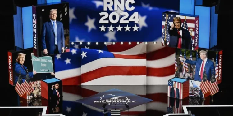 RNC Enters Second Day 1 A view of the convention floor and stage of the 2024 Republican Convention (RNC) at the Fiserv Forum in Milwaukee, Wisconsin.