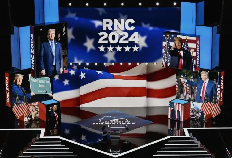 RNC Enters Second Day 1 A view of the convention floor and stage of the 2024 Republican Convention (RNC) at the Fiserv Forum in Milwaukee, Wisconsin.