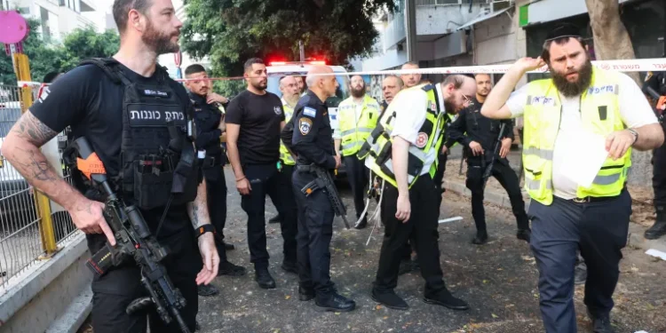 Yemen’s Houthi Strikes Tel Aviv 1 Israeli police at the scene of a drone attack in Tel Aviv on Friday morning.