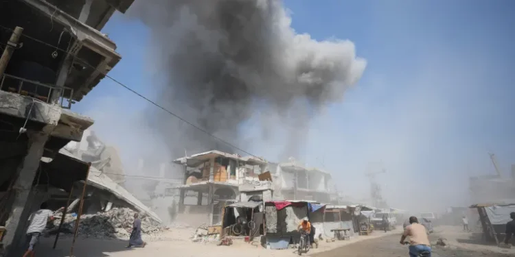 Smoke rises following Israeli bombardment in Khan Younis.
