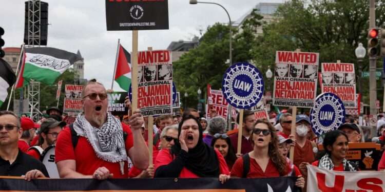Netanyahu To Address Joint Session Of Congress Amid Protests 1 Demonstrators chant and protest near the Capitol in Washington, DC, on Wednesday.
