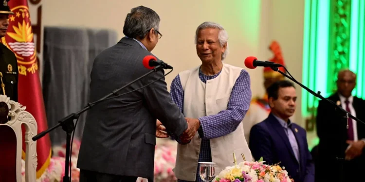 Nobel laureate, Muhammad Yunus (middle) is sworn in as the chief adviser of the new interim government of Bangladesh in Dhaka.