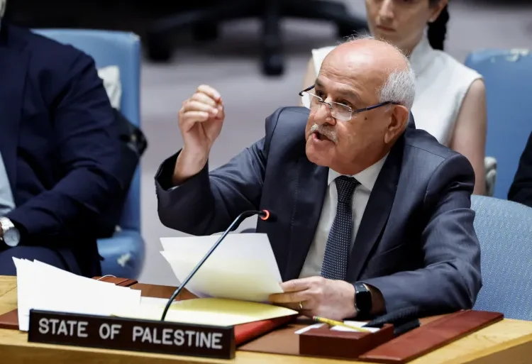Palestinian Ambassador Riyad Mansour speaks to the UN Security Council meeting at UN headquarters in New York City, US.