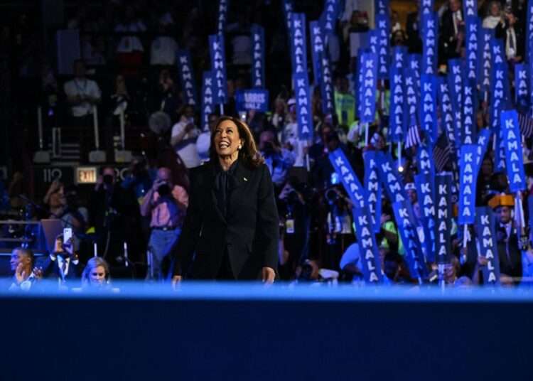 Vice President Kamala Harris walks on stage during the DNC.