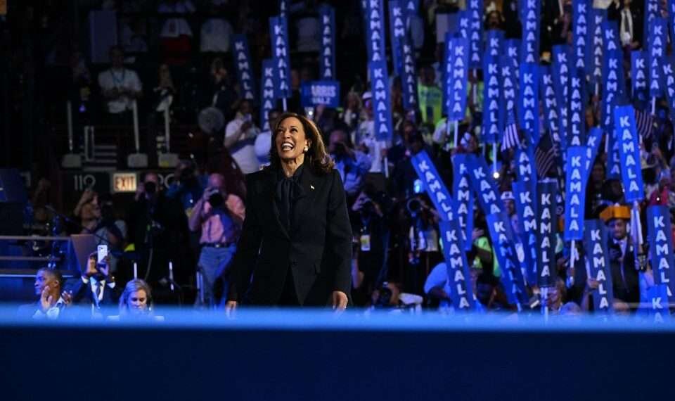 Vice President Kamala Harris walks on stage during the DNC.