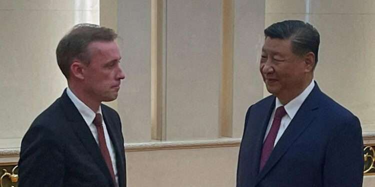 U.S. National Security Advisor Jake Sullivan meets Chinese President Xi Jinping at the Great Hall of the People in Beijing, China August 29, 2024.