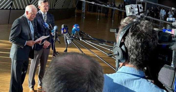 Borrell Urges Ukraine’s Allies To Lift Restrictions On Weapon Use 1 Ukraine's Foreign Minister Dmytro Kuleba and the EU's chief diplomat, Josep Borrell, talk to journalists ahead of EU foreign ministers' meeting in Brussels, Belgium, on Aug. 29, 2024.