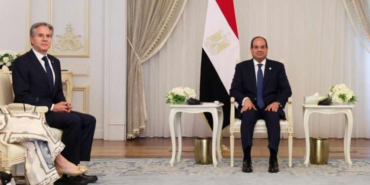 US Secretary of State,  Antony Blinken (L) meets with Egyptian President Abdel Fattah al-Sisi in El-Alamein on August 20, 2024.