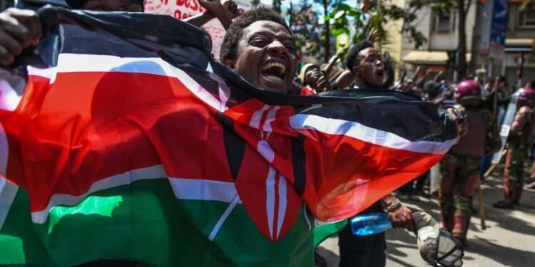 Kenyan protesters on the streets of Nairobi, Kenya.