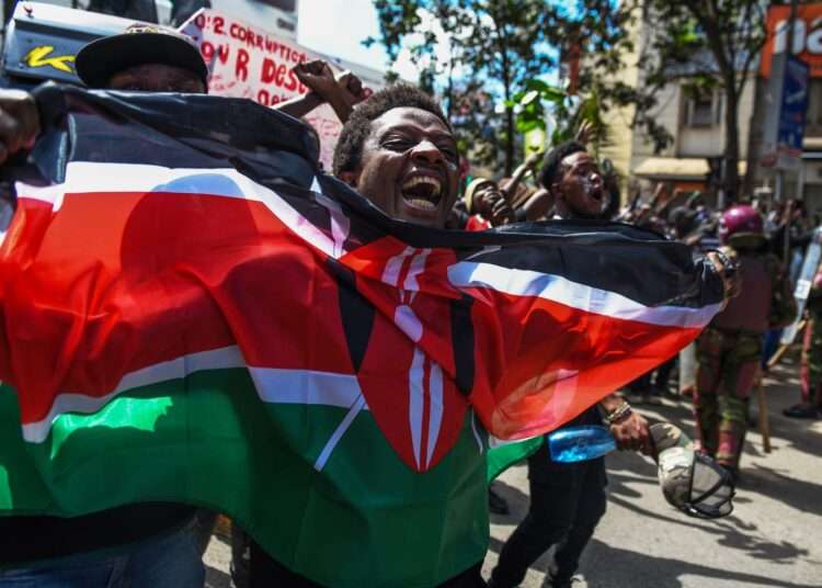 Kenyan protesters on the streets of Nairobi, Kenya.