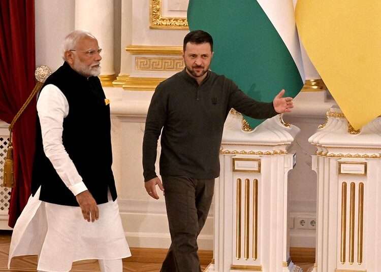 Ukrainian President, Volodymyr Zelenskyy (R) and Indian Prime Minister, Narendra Modi in Mariinskyi Palace, on August 23, 2024.