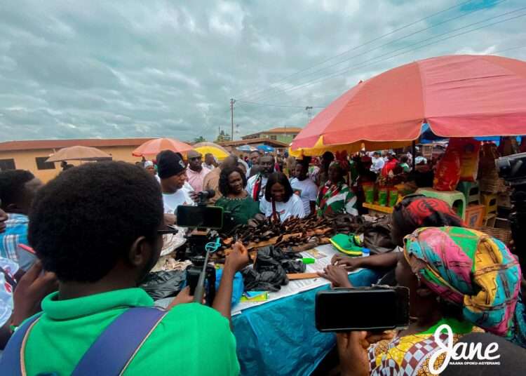 Professor Jane Naana Opoku Agyemang, NDC Vice Presidential Candidate interacting with some fisherfolks at Ekumfi Narkwa in the Central Region