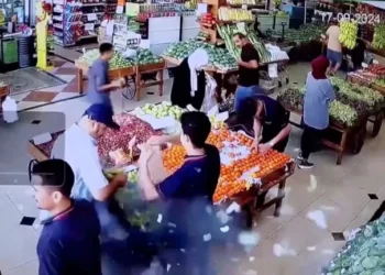 Hezbollah Displays Defiance Following Pager Explosions 5 A man’s bag explodes in a supermarket in Beirut, Lebanon September 17, 2024 in this screengrab from a video obtained from social media.