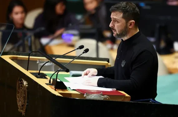 Ukraine's President, Volodymyr Zelenskyy addresses the 79th United Nations General Assembly at UN headquarters in New York.