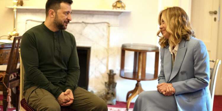Meloni Iterates Italy's Commitment To Support Kyiv 1 Ukrainian President Volodymyr Zelenskyy meets Italy's Prime Minister Giorgia Meloni.