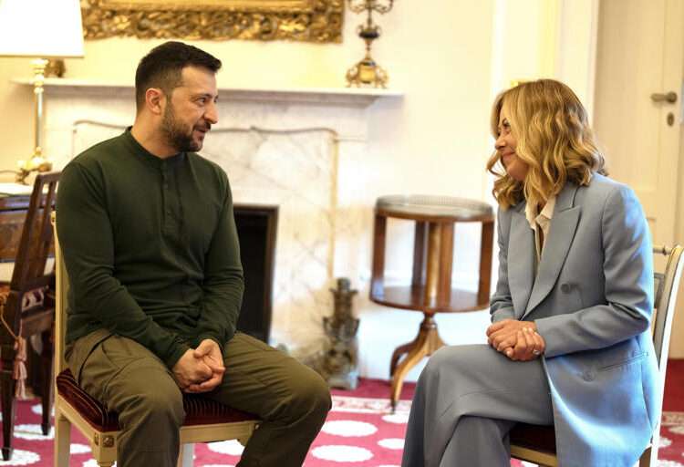 Ukrainian President Volodymyr Zelenskyy meets Italy's Prime Minister Giorgia Meloni.