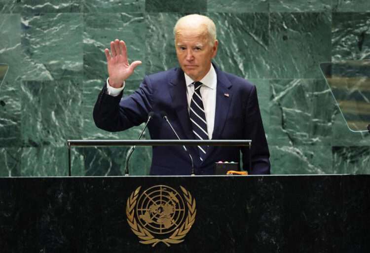 U.S. President Joe Biden waves as he leaves the stage during the United Nations General Assembly (UNGA) at the United Nations headquarters on September 24, 2024 in New York City.