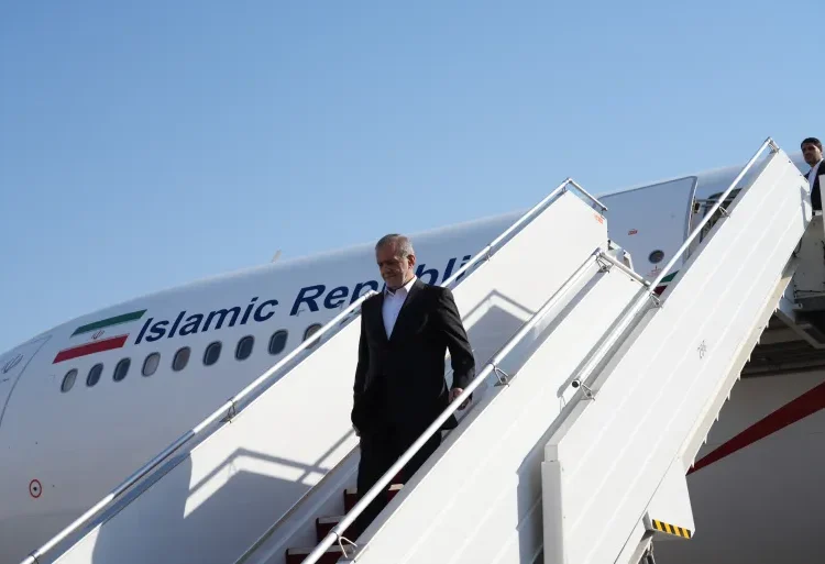 Iran’s Pezeshkian In Iraq For State Visit 1 Iran's President, Masoud Pezeshkian disembarks from his plane upon landing in Baghdad, September 11, 2024.