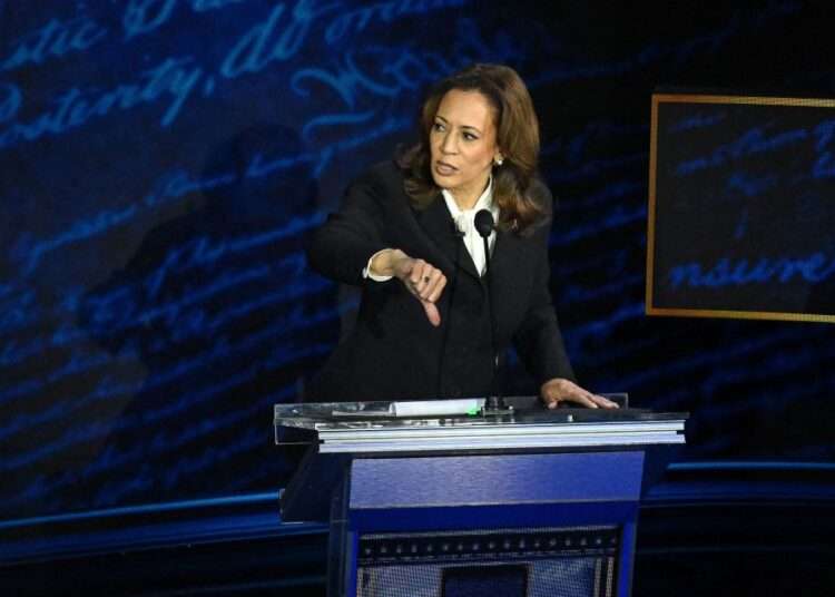 Kamala Harris gestures during the presidential debate against Donald Trump.