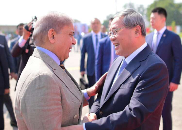 Chinese Premier In Islamabad For Official Visit 1 Prime Minister of Pakistan, Shehbaz Sharif greets Chinese Premier Li Qiang as he arrives in Pakistan on Oct 14, 2024 on a four-day bilateral visit.