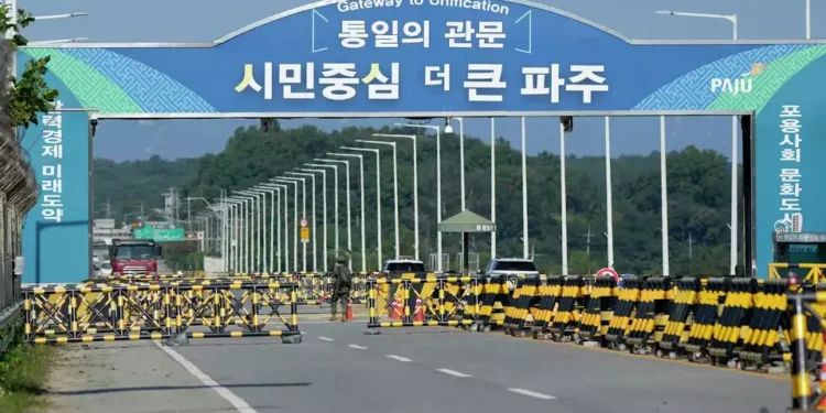 Barricades are placed near the Unification Bridge, which leads to the Panmunjom in the Demilitarized Zone in Paju, South Korea, Wednesday, Oct. 9, 2024.