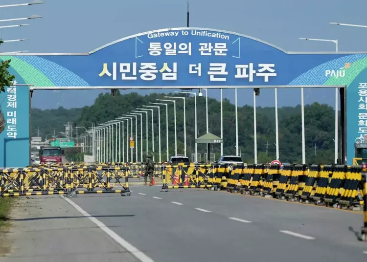 North Korea Moves To Completely Cut Off Territory From South Korea 1 Barricades are placed near the Unification Bridge, which leads to the Panmunjom in the Demilitarized Zone in Paju, South Korea, Wednesday, Oct. 9, 2024.