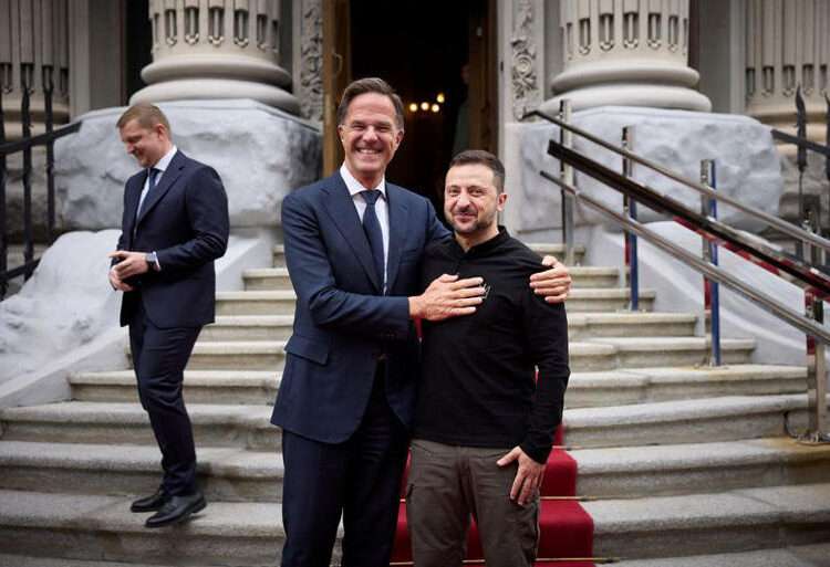 New NATO Chief Visits Ukraine 1 Ukraine's President, Volodymyr Zelenskyy welcomes NATO Secretary General Mark Rutte, amid Russia's attack on Ukraine, in Kyiv, Ukraine October 3, 2024.