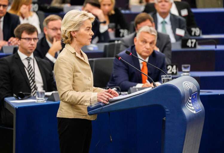 President of the European Commission Ursula von der Leyen speaks during a European Parliament Plenary session to present the programme of activities of the Hungarian EU Council Presidency.