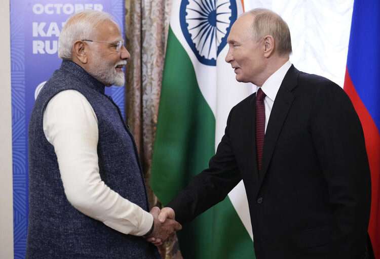Putin, Modi Meet On BRICS Summit Sidelines 1 Russian President Vladimir Putin, right, and Indian Prime Minister Narendra Modi shake hands during their meeting on the sidelines of BRICS Summit at Kazan Kremlin in Kazan, Russia, Tuesday, Oct. 22, 2024.