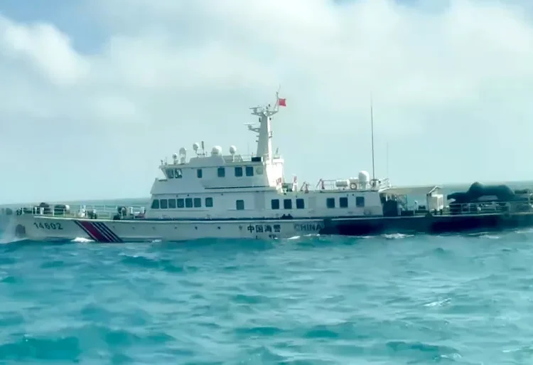 A Chinese coastguard boat passes near the coast of Matsu islands, Taiwan.