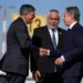 US Secretary of State Antony Blinken, right, is welcomed by US ambassador to Israel Jack Lew, left, and Israeli Ministry of Foreign Affairs Deputy Director General for North America Lior Hayat in Tel Aviv, Israel on Tuesday, October 22, 2024.