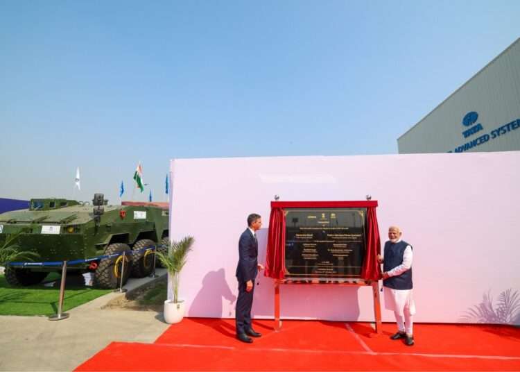 Indian Prime Minister Narendra Modi(right) and his Spanish counterpart Pedro Sanchez inaugurate India’s first private military aircraft plant.
