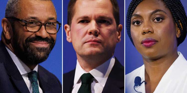 James Cleverly, left, Robert Jenrick, centre, Kemi Badenoch, right, were in the final three of the leadership race