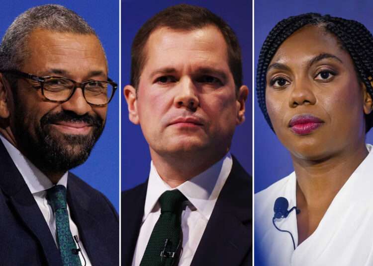 Tories Shift Right as Cleverly Knocked Out 1 James Cleverly, left, Robert Jenrick, centre, Kemi Badenoch, right, were in the final three of the leadership race