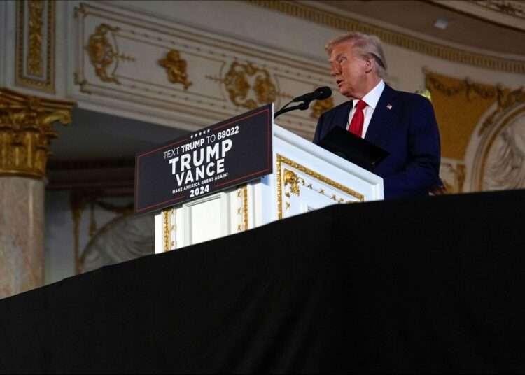 Trump Iterates Familiar Attacks Against Harris 1 Former President Donald Trump speaks at Mar-a-Lago in Palm Beach, Florida.